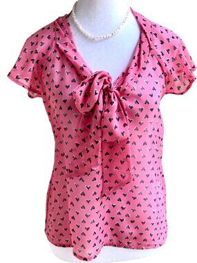 Lily Star Blouse Top Pink Hearts Tie Neck (S)